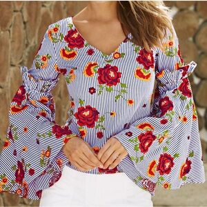 Boston Proper Red Floral Striped Blouse